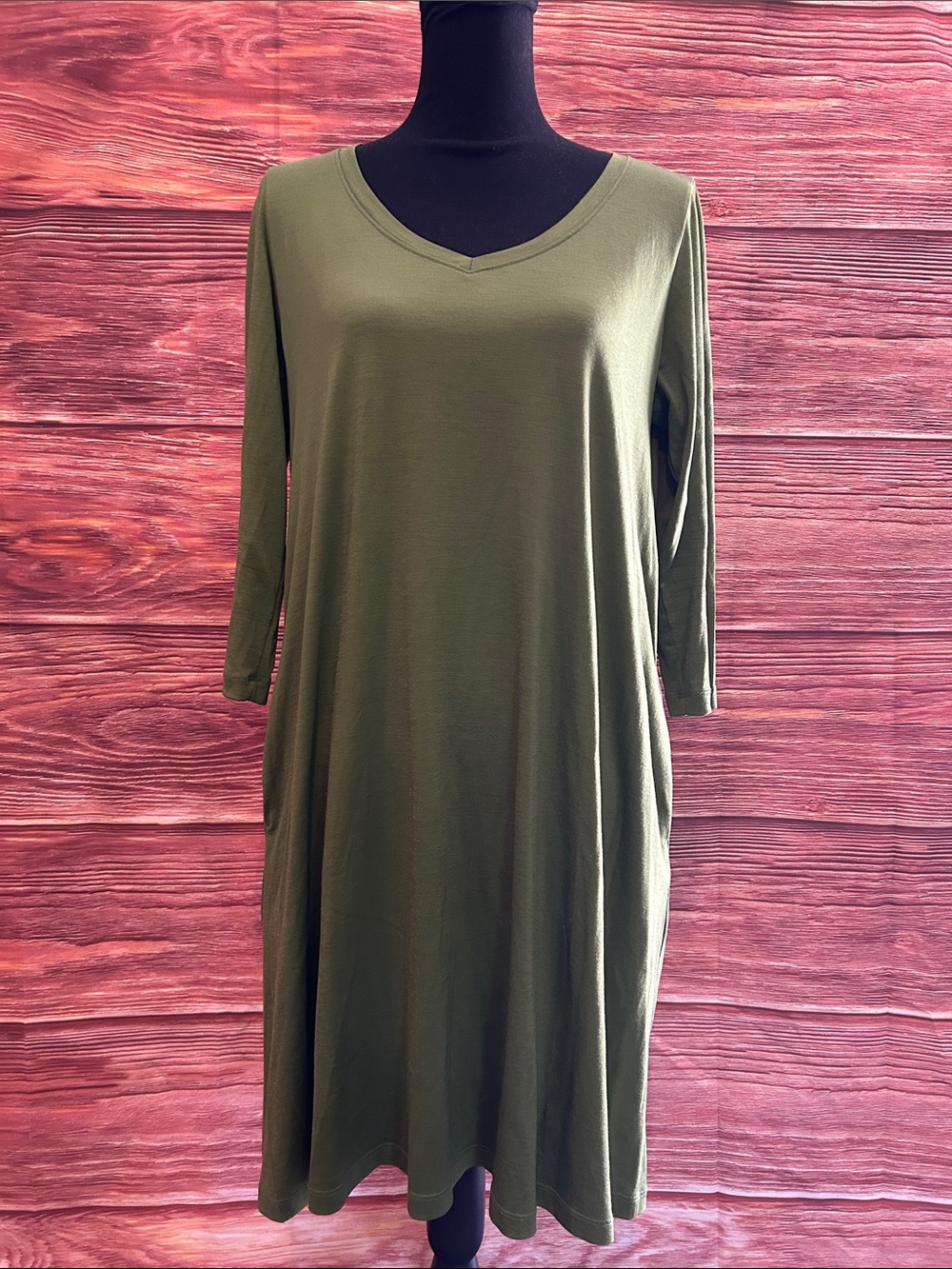 Wool& Olive Green V-Neck Women's Dress | Medium-long